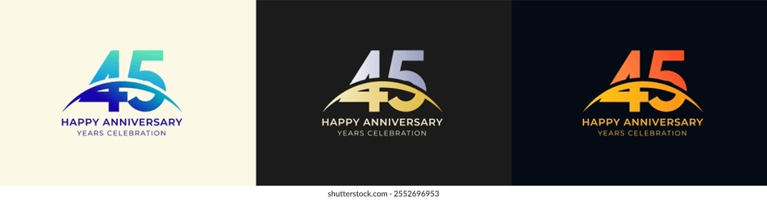 Logo Anniversary with Swoosh Sunrise 45th, 45th Happy Anniversary with Colorful Gradient, Luxury Gold and Silver.