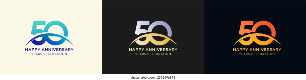 Logo Anniversary with Swoosh Sunrise 50th, 50th Happy Anniversary with Colorful Gradient, Luxury Gold and Silver.