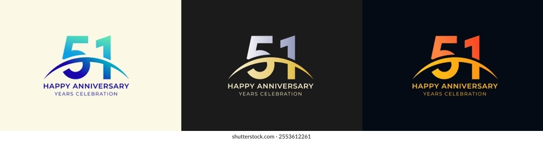 Logo Anniversary with Swoosh Sunrise 51th, 51th Happy Anniversary with Colorful Gradient, Luxury Gold and Silver.