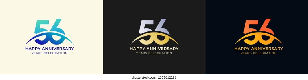 Logo Anniversary with Swoosh Sunrise 56th, 56th Happy Anniversary with Colorful Gradient, Luxury Gold and Silver.