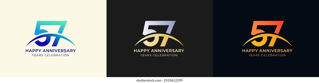 Logo Anniversary with Swoosh Sunrise 57th, 57th Happy Anniversary with Colorful Gradient, Luxury Gold and Silver.