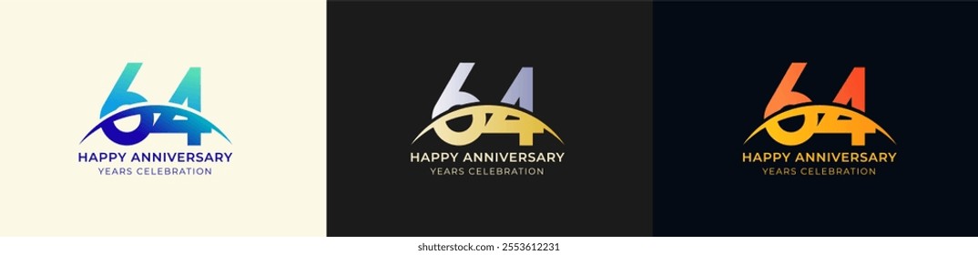 Logo Anniversary with Swoosh Sunrise 64th, 64th Happy Anniversary with Colorful Gradient, Luxury Gold and Silver.