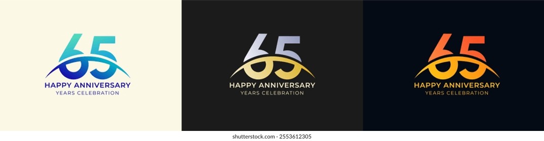 Logo Anniversary with Swoosh Sunrise 65th, 65th Happy Anniversary with Colorful Gradient, Luxury Gold and Silver.