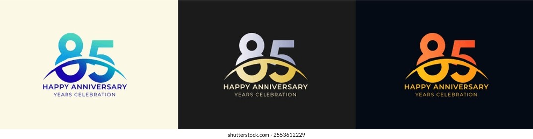 Logo Anniversary with Swoosh Sunrise 85th, 85th Happy Anniversary with Colorful Gradient, Luxury Gold and Silver.