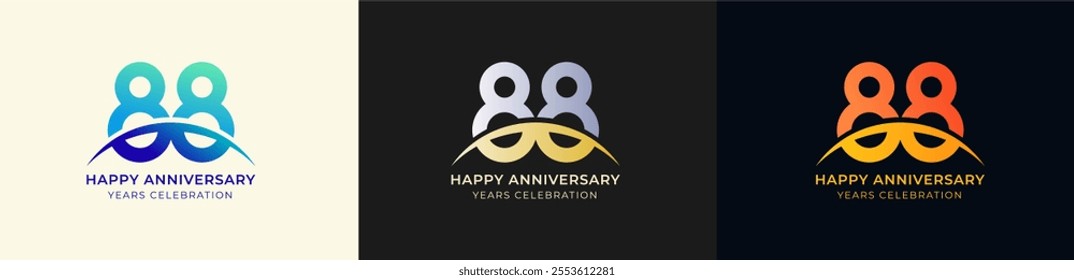Logo Anniversary with Swoosh Sunrise 88th, 88th Happy Anniversary with Colorful Gradient, Luxury Gold and Silver.