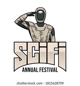 Logo de un festival anual de ciencia ficción, compuesto por la ilustración de un astronauta haciendo el saludo militar, y una tipografía de fantasía. Diseñado en colores suaves.