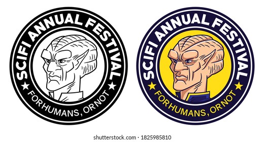 Logo for an annual science fiction festival, in black and white and color version, composed by the illustration of the head of an alien inside a circular shape.