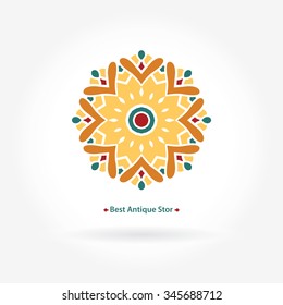 Logo for an antique shop. Antique shop. Company logo, stylized flower, element. Simple geometric logo. Mandala logo. Business, invitations Logotype. Vintage decorative elements Retro Logo for boutique