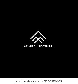 Logo de AM Diseño arquitectónico en vectores para construcción, casa, inmueble, inmueble, propiedad. Mínimo asombroso diseño de logotipo profesional de moda sobre fondo negro.