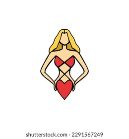 Logo art design in the shape of a blonde woman wearing a heart-shaped red bikini