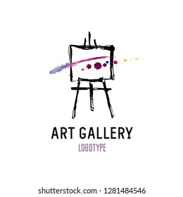 Logo for art gallery. Illustration of an easel with abstract picture.