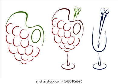 Logo for art school. Raspberry, palette, brushes and glass on a white background. Abstract picture. 