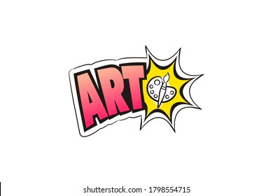 Logo for the Art school subject. Hand-drawn icon of palette with title. Art emblem in pop art style. Vector illustration for sticker, badge, poster, banner or education project.