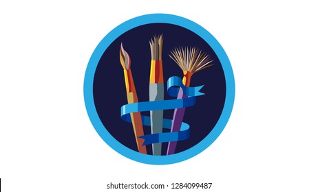 Logo of artistic brushes in blue circle frame and decorative helix tape, pattern sign