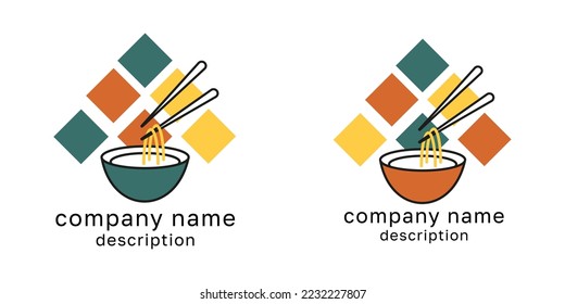 Logo for asian food production. Symbolic objects noodles and Chopsticks. Vector illustration. Logotype For paper, print, postcards, web, covers, fabric, posters, clothing, stickers, decals.