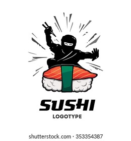 Logo for Asian restaurants. Ninja eating sushi.