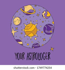 Logo for astrologer. Emblem with planets. Website page about astrology and astronomy. Planets of the solar system, Moon, Jupiter, asteroids, Sun, Venus, Mars, stars, Earth. Set of icons with planet