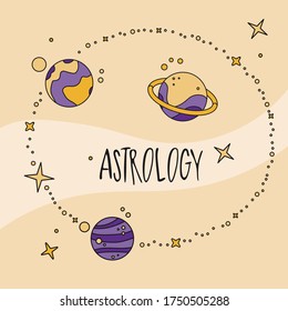 Logo for astrologer. Emblem with planets. Website page about astrology and astronomy. Planets of the solar system, Moon, Jupiter, asteroids, Venus, stars. Set of icons with planet