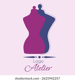 Logo Atelier, boutique, loja de roupas femininas, modelo Vetor, marca para designer de moda, manequim estilizado feminino e masculino, agulha