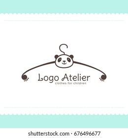 Logo Atelier making children's clothes. Vector template for the fashion industry. Element for Studio sewing and tailoring. Illustration in cartoon style