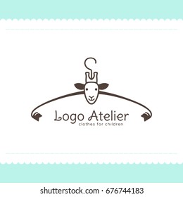 Logo Atelier making children's clothes. Vector template for the fashion industry. Element for Studio sewing and tailoring. Illustration in cartoon style