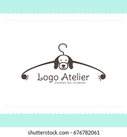 Logo Atelier making children's clothes. Vector template for the fashion industry. Element for Studio sewing and tailoring. Illustration in cartoon style