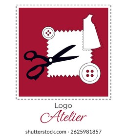 logo atelier, pattern, fabric, scissors, button, sewing, vector Logo Atelier, boutique, women's clothing store, stroke, fashion
