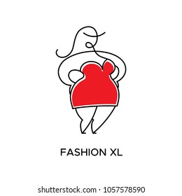 Logo for Atelier, store women's clothing large size. Vector template of the brand for the fashion designer. Element for Studio sewing and tailoring. Abstract fat woman in red dress