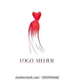 Logo For Atelier, Women's Clothing Store. Vector Template Of The Brand For The Fashion Designer. Element For Studio Sewing And Tailoring. Red Evening Dress With Sequins