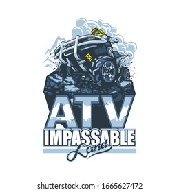 Logo with ATV and racer on top of cliff in cartoon style with beautiful inscriptions.