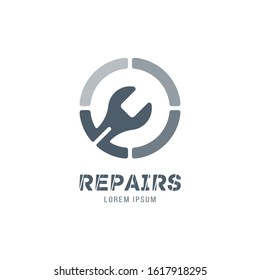 Logo for auto repair shop with wrench and wheel. Setup and maintenance. Flat vector illustration EPS 10