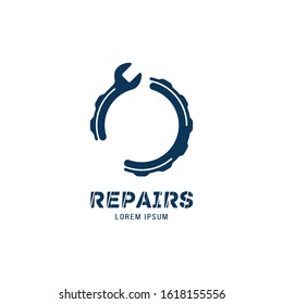 Logo for auto repair shop with wrench and wheel. Setup and maintenance. Flat vector illustration EPS 10