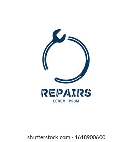 Logo for auto repair shop with wrench and wheel. Setup and maintenance. Flat vector illustration EPS 10