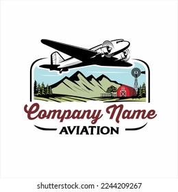 Logo for aviation, travel, airplane travel with mountains in the background, plantations in the highlands