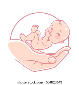 Logo of  baby care, family love, protection, pregnancy. Concept of nursing child. Parent's hands. Childbearing. Newborn baby in safety. Symbol of in vitro fertilization. Vector color 
illustration.
