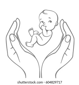 Logo of  baby care, family love, protection, pregnancy. Concept of protect child. Parent's hands. Childbearing. Newborn baby in safety. Symbol of in vitro fertilization. Vector line illustration.