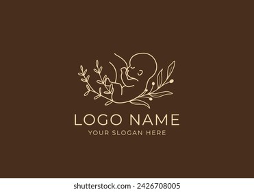 Logo Baby Line art and leaf botanical. boho floral botanical logo design, editable color