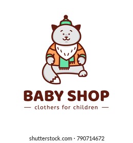 Logo baby shop. Vector template of the brand for the designer. The element of the corporate style for Studio sewing and tailoring. Cat in the orange jacket and green hat. Illustration in cartoon style