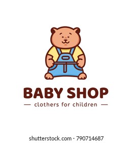 Logo baby shop. Vector template of the brand for the designer. The element of the corporate style for Studio sewing and tailoring. Bear in blue overalls. Illustration in cartoon style