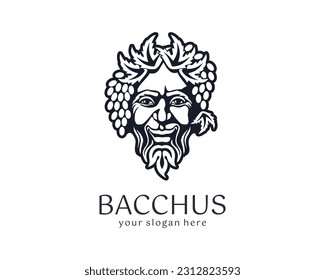 Logo Bacchus or Dionysus. Man face logo with grape berries and leaves. A style for winemakers or brewers. Sign for bar and restaurant. Modern logo