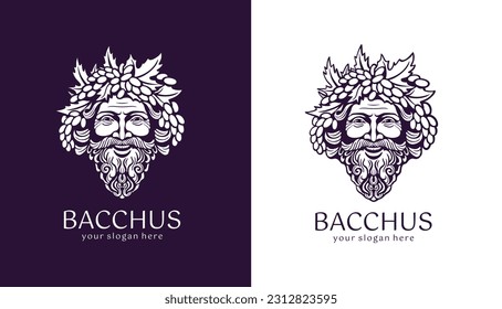 Logotipo Bacchus o Dionysus. Logo del hombre con bayas de uva y hojas. Un estilo para viticultores o cerveceros. Firma para el bar y el restaurante. Logo moderno