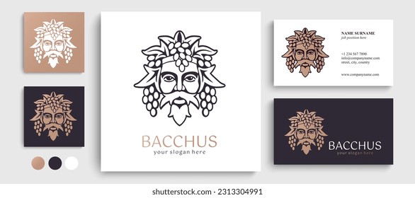 Logo Bacchus or Dionysus. Man face logo with grape berries and leaves. A style for winemakers or brewers. Sign for bar and restaurant. Modern logo