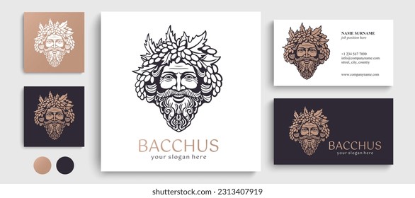 Logotipo Bacchus o Dionysus. Logo del hombre con bayas de uva y hojas. Un estilo para viticultores o cerveceros. Firma para el bar y el restaurante. Logo moderno