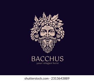 Logotipo Bacchus o Dionysus. Logo del hombre con bayas de uva y hojas. Un estilo para viticultores o cerveceros. Firma para el bar y el restaurante. Logo moderno