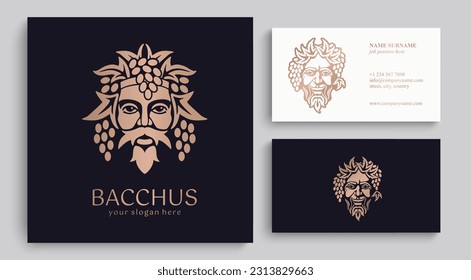 Logo Bacchus or Dionysus. Man face logo with grape berries and leaves. A style for winemakers or brewers. Sign for bar and restaurant. Modern logo