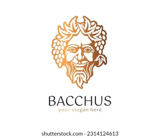 Logo Bacchus or Dionysus. Man face logo with grape berries and leaves. A style for winemakers or brewers. Sign for bar and restaurant. Modern logo