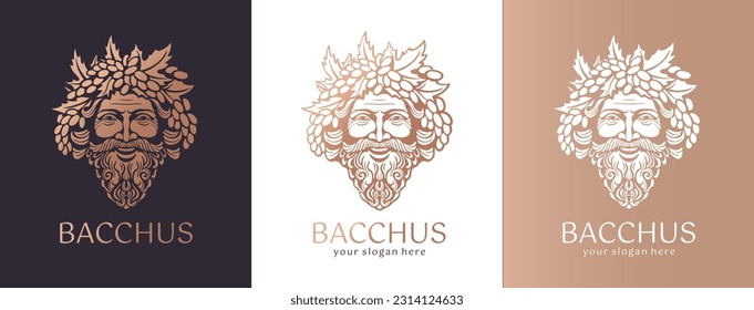 Logotipo Bacchus o Dionysus. Logo del hombre con bayas de uva y hojas. Un estilo para viticultores o cerveceros. Firma para el bar y el restaurante. Logo moderno