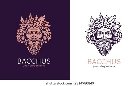 Logo Bacchus or Dionysus. Man face logo with grape berries and leaves. A style for winemakers or brewers. Sign for bar and restaurant. Modern logo