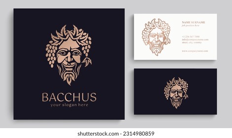 Logo Bacchus or Dionysus. Man face logo with grape berries and leaves. A style for winemakers or brewers. Sign for bar and restaurant. Modern logo