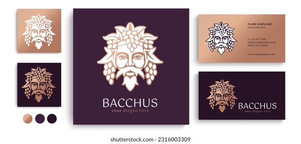 Logo Bacchus or Dionysus. Man face logo with grape berries and leaves. A style for winemakers or brewers. Sign for bar and restaurant. Modern logo